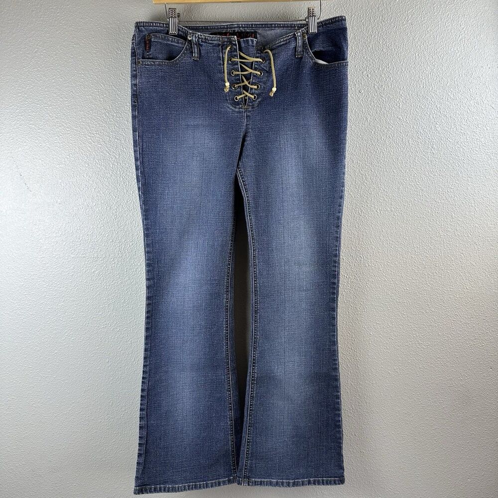 VTG Mudd Jeans Junior 11 Low Rise Y2K Flare Hip Hugger Corset Lace Up Grommet